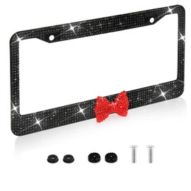 Bling License Plate Frame，Handcrafted Bling Rhinestone Premium Stainless Steel License Plate Frame，14 Facets Clear Color Rhinestone Crystal (1 Pack Black&Red-Bow)