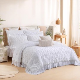 MOVE OVER White Ruffle Comforter Set 10 Pieces Pintuck Bed in a Bag King Size White Pintuck Comforter Set with Sheet Set Soft Microfiber Farmhouse Pinched Bedding Set