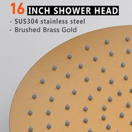BSTIIU Gold Rain Shower Head, 16 Inch High Pressure Shower Head, 304 Stainless Steel Ceiling Mount Extra Large Waterfall Top Showerhead, Brushed Brass Gold