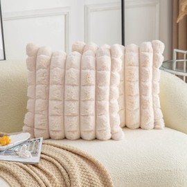 Neelvin Beige Faux Fur Cozy Soft Plaid Decorative Throw Pillow Covers 20x20 inch Set of 2,Velvet Pillowcase Cushion Case for Sofa Couch