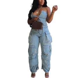 LKOUS Casual Cargo Denim Jumpsuit for Women, Elastic Stretch Multi Pockets Button Down Straight Leg Jeans Jumpsuits