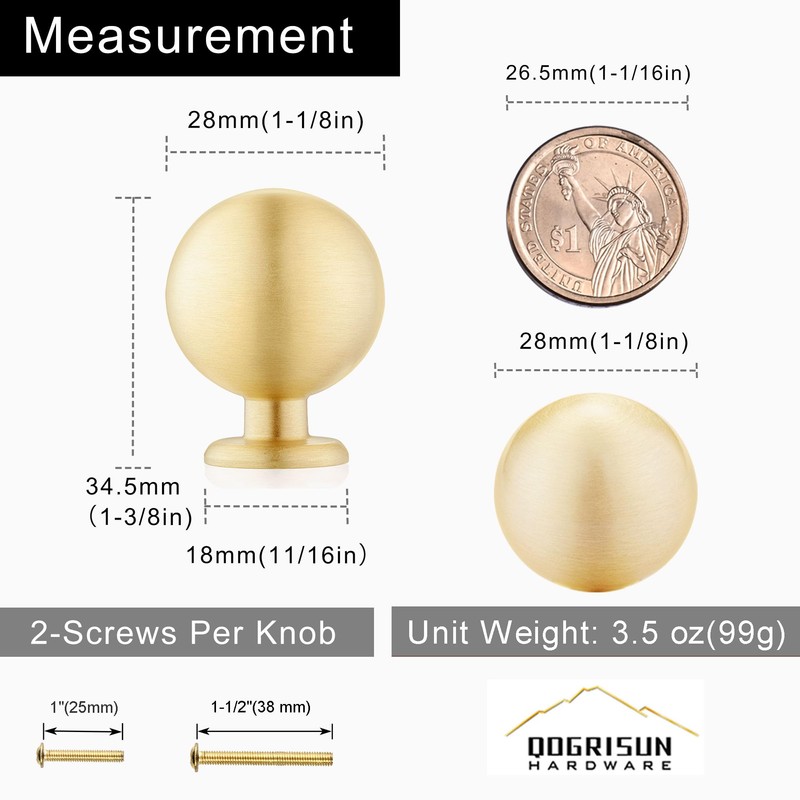 QOGRISUN 5-Pack Solid Brass Cabinet Knobs, Round Ball Gold Knobs