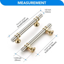 HOME EDIT Brushed Nickel and Brushed Brass Cabinet Handles, 3-3/4 Inch Hole Center Modern T-Bar Drawer Pulls, Decorative Hardware for Cabinets, Dressers, and Drawers, 10 Pack