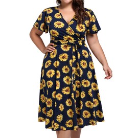 kissmay Plus Size Dresses for Women Casual Summer, Floral Printed A Line Mid Length Dress with Sleeves Low V Neck Special Occasion Bridesmaid Dresses for Summer Basic Flowing Clothes Blue Yellow 22W