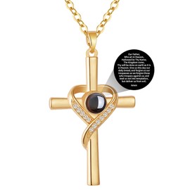 Avotto Cross Necklace for Women Projection Chain Pendant Religious Christian Baptism First Communion Confirmation Heart Jewelry Gifts Lord's Prayer Gold