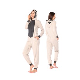 Ladeheid LA40-234 Women's Cotton Jumpsuit Colourful Fancy Dress Pyjamas Onesie with Hood, beige pug