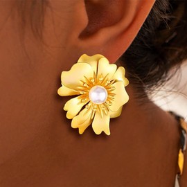 Bemous Flower Earrings Gold for women Pearl Petal Earrings Stud Chunky Drop Earrings Jewery (Stud)