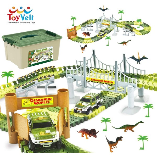ToyVelt Dinosaur Toys Race Track Toy Set - Create A Dinosaur World Road Race,Flexible Track Playset - Includes 2 Cars and A Container Best Gift for Boys & Girls Ages 3,4,5,6, Years Old and Up