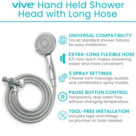 Vive Hand Held Shower Head with Long Hose - Detachable 2 in 1 Universal High Pressure Handheld Adapter - Chrome Finish with Large Waterfall Rainfall (‎Chrome)