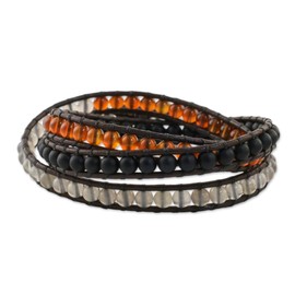 NOVICA Artisan Carnelian and Chalcedony Beaded Wrap Bracelet Unisex Leather Multigemstone Glass Black Orange Multicolor Thailand Birthstone [20.5 in min L x 21.25 in max L 8 mm W] ' Sunset