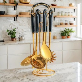 Novellus 7pcs Stainless Steel Kitchen Utensils Set with Holder, Kitchen Accessories for Cooking Includes Soup Ladle, Metal Spatula, Slotted Spoon, Slotted Spatula, Pasta Spoon, Black Gold