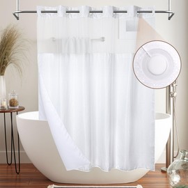 MEKOTRIN Hookless Shower Curtain with Snap on Liner Waffle Fabric Double Layer, 74 x 71 Inch Weighted White Shower Curtains with Viewing Window, Bath Curtain Waterproof for Bathroom Hotel(White)