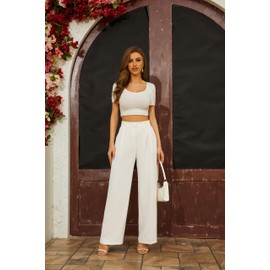 FUNYYZO Women Wide Leg Pants High Elastic Waisted Business Work Trousers Long Straight Pants Beige