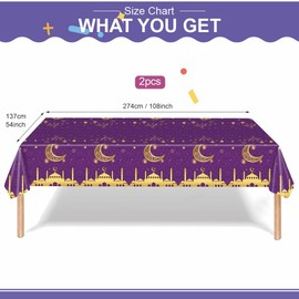 2Pcs 137*274cm Eid Ramadan Mubarak Disposable Purplr and gold Tablecloth Decorations for Eid Mubarak Party Table Cloth Covers Dining Tablecover for Indoor or Outdoor Party Eid Ramadan decoration