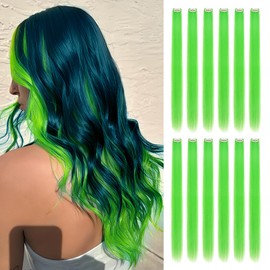 Wodelanle 12 PCS Colored Green Hair Extensions - 24 Inch Straight Synthetic Hairpiece for Kids, Girls, Women - Party Highlights Clip-in Colorful Extensions