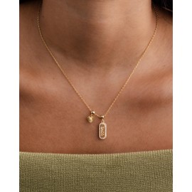 PAVOI 14K Yellow Gold Plated Cubic Zirconia Charm Necklace for Women | Dog Tag Charm - Love