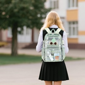 Lreneilu Clear Backpacks for Girls Women, Heavy Duty PVC Transparent Back Pack See Through Boys Kids Clear Bookbags for School Checkered Green