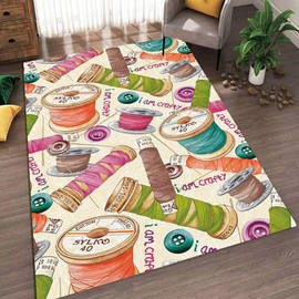 Soyalie Abstract Sewing Tools Pattern Area Rug for Dining Room Non-Slip Colorful Sewing Machine Themed Area Rug Dorm Decor Fashion Sewing Thread Bordered Carpet Mat 4'x6'