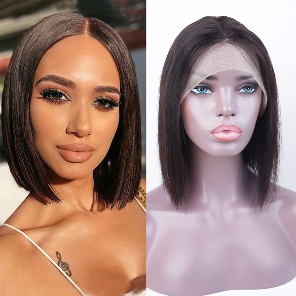 Straight Lace Front Wigs Human Hair Wigs for Black Women 13x4x1 T Part Lace Frontal Closure Wigs Pre Plucked Glueless Brazilian Virgin Wig Human Hair 150% Density Bleached Knots Natural 10 Inch