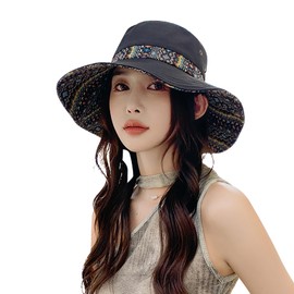 TINAYAUE Unisex Summer Sun Hat Stylish Printed Fishing Hat Wide Brim Beach Hat Women Men UV Protection Fishing Hat Adjustable Cowboy Hat Soft Sports Cap for Travel, Hiking, Cycling, black