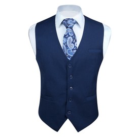 HISDERN Chaleco de traje para hombre con 3 bolsillos para traje o esmoquin, Azul marino 1 , X-Small