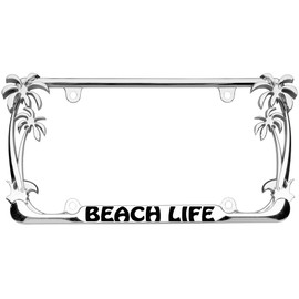 Beach Life Palm Tree Design Chrome Metal Auto License Plate Frame Car Tag Holder