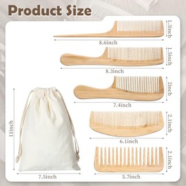 Honeydak Juego de 10 peines de bambú naturales hechos a mano antiestáticos, incluye peines de dientes anchos y finos, cola de rata, para desenredar ca