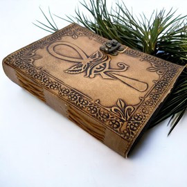 Eye of Horus Embossed Leather Journal Diary Grimoire, Antique Deckle Edge Recycled Handmade Paper Travel Planner, Daily Leather Notebook Appointment Organizer, Witchcraft Sketchbook Office Diary 5x7 Inches