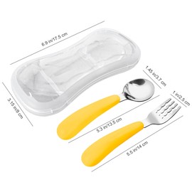 VANRA - Juego de 2 tenedor y cuchara para niños pequeños con estuche de viaje 18/8 utensilios de acero inoxidable para niños pequeños, cubiertos para niños y niños, juego de cubiertos para la lonchera escolar (amarillo)