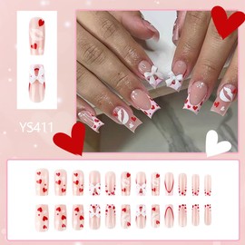 24Pcs Valentines Press on Nails French Tip Fake Nails with Heart Lips Designs Medium Square Glue on Nails Heart Lips Bow Rhinestone Acrylic Nails Valentine’s Day False Nails for Women Nail Art DIY
