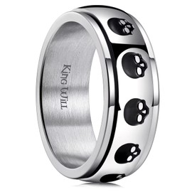 King Will Mens Silver 8mm Skull Spinner Rings Black Gothic Skeleton Skull Head Stainless Steel Anxiety Fidget Ring for Men Vintage Punk Band Bikers Skeleton Biker Ring 12