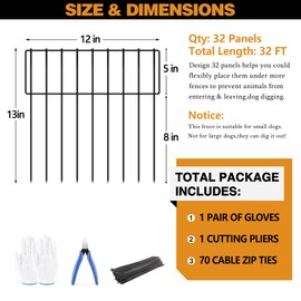32 Panels Animal Barrier Fence, 32ft(L) X 13inch(H) No Dig Rabbit Fences, Dog Digging Defense Ground Bottom Blockers, Rustproof Metal Border for Garden Outdoor Patio Landscaping