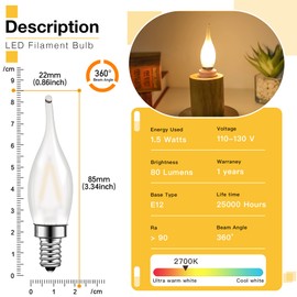 Genixgreen Frosted LED Candelabra Bulbs, Night Light Bulb 15 Watt Equivalent 1.5W E12 Mini Candle Bulb Low Wattage Flame Bent Tip for Chandelier Ceiling Fan, 2700K Soft White, Non-dimmable, Pack of 6