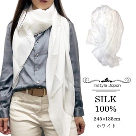 Instyle Japan 100% Silk Scarf, Stole, Available in Multiple Sizes and Color Variations, Plain, Silk, UV, Cold Protection, Chiffon, Natural Material - whites