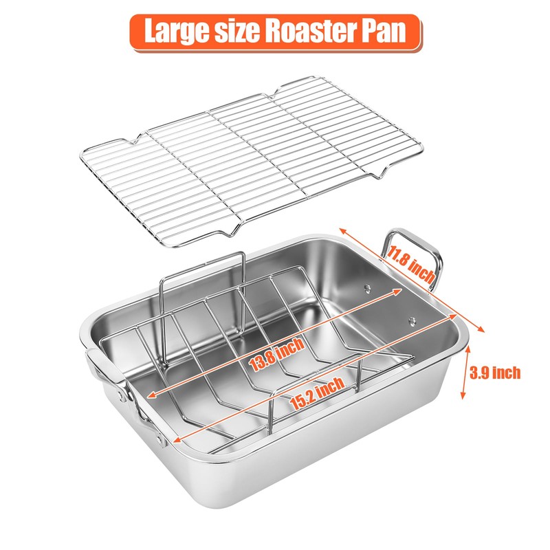 QuliMetal Triple Ply Stainless Cookware 16-inch Roasting Pan Skillet, Rectangular