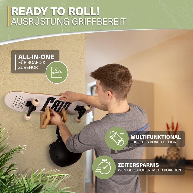 CRID Skateboard Wall Mount Bamboo - Universal Holder for Skateboard,