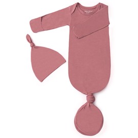 Newborn Baby Knotted Gown, Super Soft Silky Infant Long Sleeve Sleeper for Baby Girl and Boy Sleeping Bag with Hat (Bean Pink, 0-3 Months)