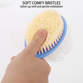 Shower Body Brush with Bristles and Loofah, Handle Back Scrubber Mesh Sponge for Women Men Elderly Skin Exfoliating (Pack of 1)