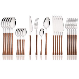 JASHII 24pcs Stainless Steel Imitation Wood Handle Cutlery Set, Knife Fork Tea Spoon Silverware Kitchen, Silver Flatware Set for 6, Mirror Polished Small Waist Handle - Brown&Silver