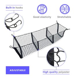 3 Pocket Trunk Cargo Organizer Storage Net, Adjustable Elastic Heavy Duty Cargo Net, Hook Up Elastic Envelope Luggage Net Truck Bed Storage(43.3in) Universal Fit for Car, SUV, Truck