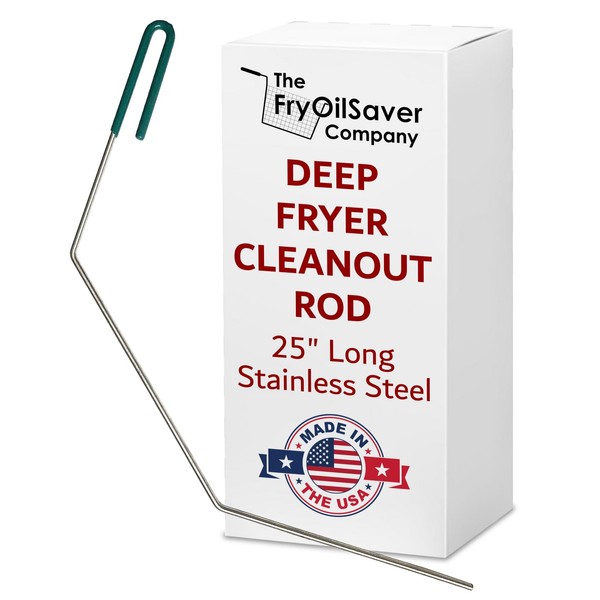 FryOilSaver Co, 25” Deep Fryer Cleanout Rod, Break Up Hardened Oil, Clean Clogged Fryer Drain, Fryer Poker Rod, Angled Shape, Stainless Steel Fryer Cleaning Tool, Declogger Goofer Rod