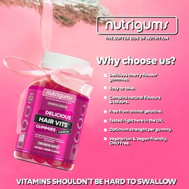 NUTRIGUMS® - Hair Vitamin Biotin Complex | 60 Vegan Cherry Flavour Gummies | Two Month Supply | Contains 12 Essential Nutrients with Biotin, Zinc & Vitamin A & C.