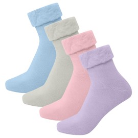 Bonjour - 4 Pairs Extra Warm Women's Super Soft Thermal Fluffy Cosy Bed Socks for Women - Fleece lining Warm Feet Comfortable Ideal for Winter Cold Evenings UK Size 4-7