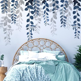 VePret Blue Hanging String of Eucalyptus Wall Decals Peel and Stick, Large Plants Leaf Vinyl Wall Stickers, Removable Vine Home Decor Art for Bedroom Living Room Classroom Office