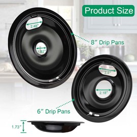 Purelux Electric Stove Drip Pans Replacement Compatible with Whirlpool or Kenmore Stove, 4 Pieces Pack Includes 1 Large 8-Inch and 3 Small 6-Inch Porcelain Enameled Black Finish