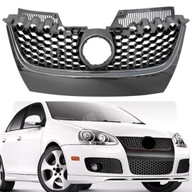 BST BSSP Front Bumper Grille Carbon Fiber Print Upper Hex Mesh Grill Comptble with 2006 2007 2008 2009 Volkswagen VW MK5 Jetta GTI/GLI, ABS Material, W/HOLE