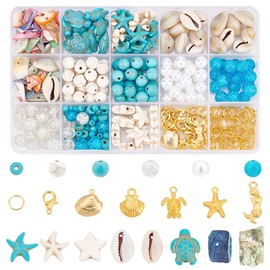 PH PandaHall 357pcs Starfish Shell Beads Seashells Synthetic Turquoise Beads Ocean Jewellery Making Turtle Mermaid Charms Cowrie Shell Beads for Christmas Necklace Bracelet Anklet Jewellery Making