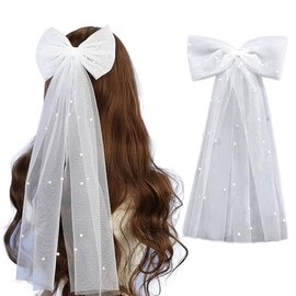 AWOCAN Bridal Hair Bow Pearl Veil Hair Hair Clip Bachelorette Party Veil Elegant Tulle Layer Hair Clip for Women (white)