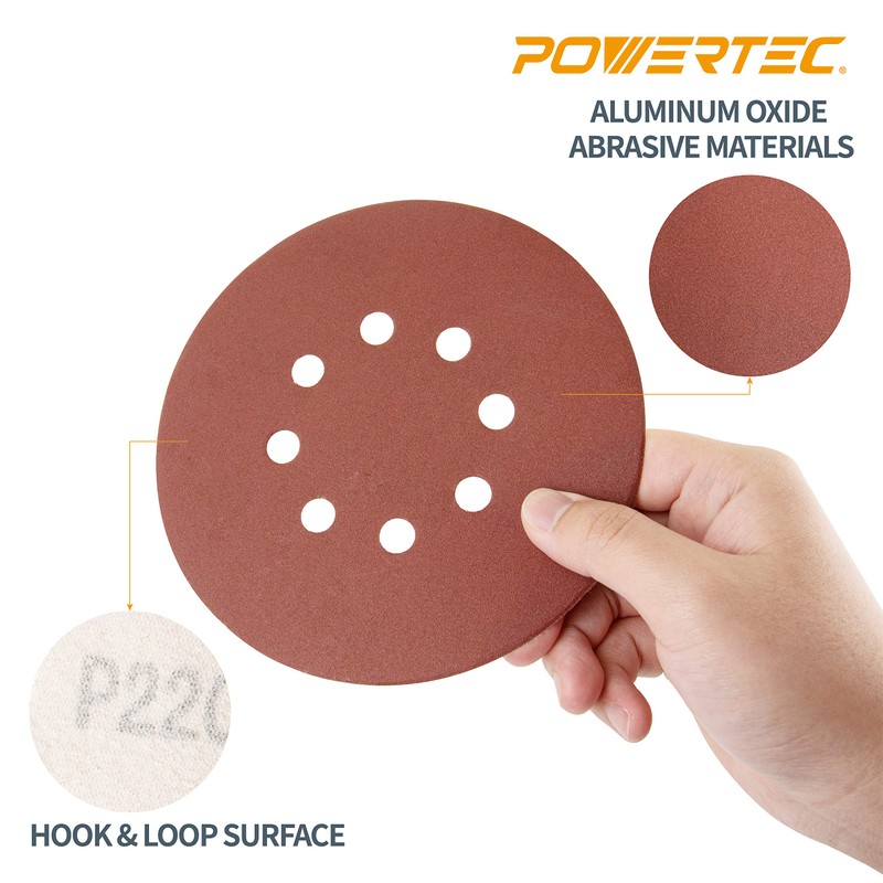 POWERTEC 45012, 5" x 8 Holes, 120 Grit, A/O Hook