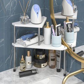 Weenson Bathroom Countertop Organizer Counter Shelf - Bathroom Organization 2 Tier Corner Shelf Bamboo Display Shelves Free-Standing Storage Organizer for Bathroom, Kitchen, Living Room (White)